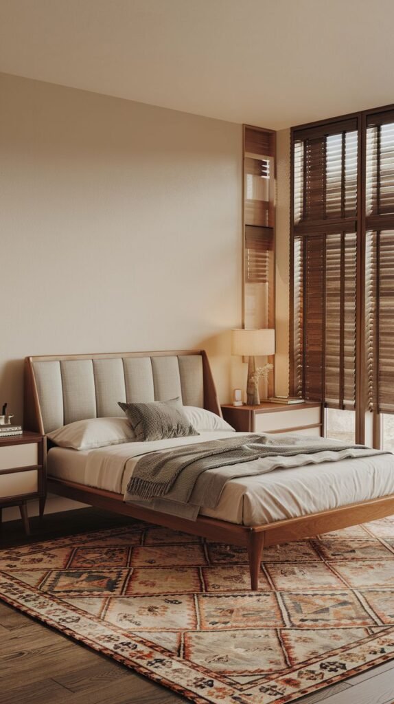 A Timeless and Retro bedroom featuring a bed with a ribbed upholstered headboard, light nightstands, and striking wooden slatted blinds, complemented by a geometric patterned rug. The walls are a light beige.