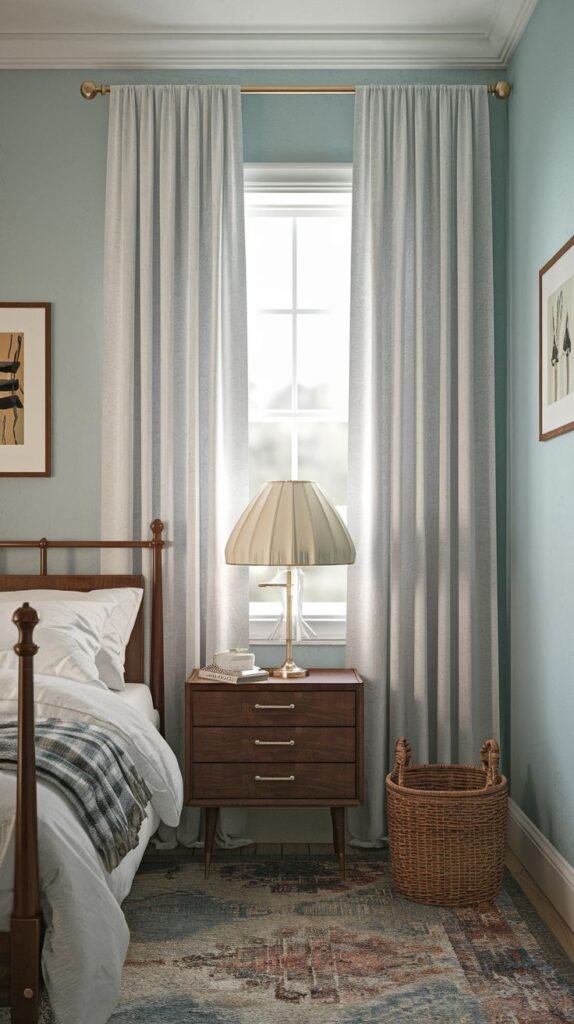 A Timeless and Retro bedroom featuring a classic wooden bed frame, a dark wood nightstand with three drawers, and a colorful patterned rug, set against light blue walls. White curtains frame a window, and a wicker basket sits on the floor.