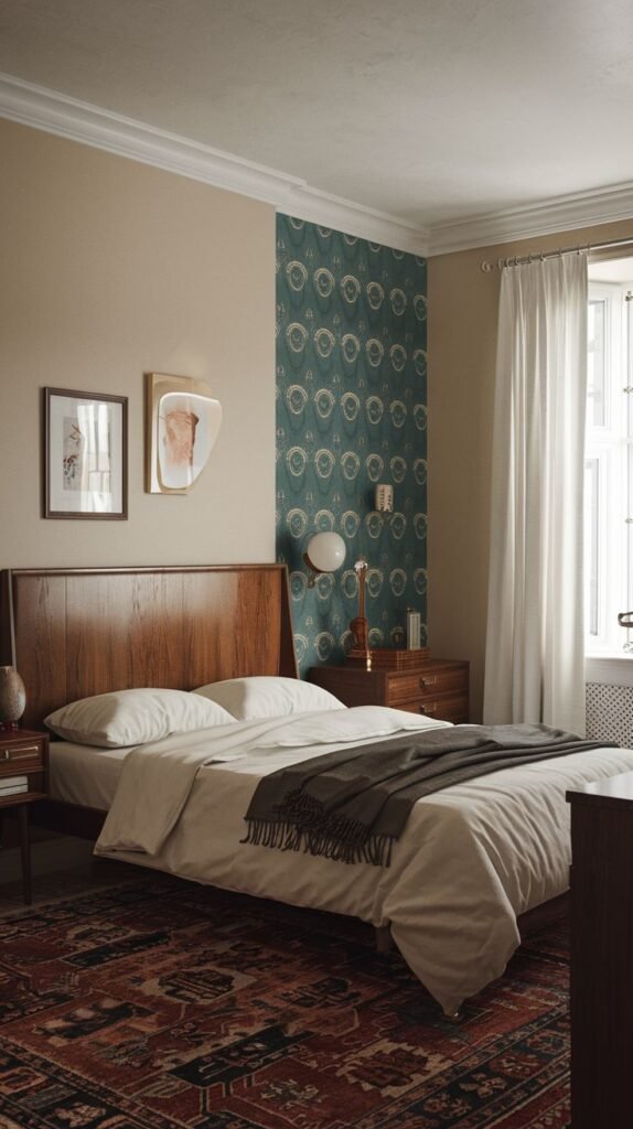 A Timeless and Retro bedroom with a distinctive teal patterned accent wall, a dark wood bed with a solid headboard, and a matching nightstand, grounded by a vibrant red patterned rug. The other walls are warm beige, and white curtains adorn the window.
