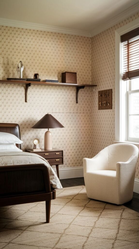 A Timeless and Retro bedroom featuring patterned beige wallpaper, a dark wood bed frame, a dark wood nightstand, and a cream upholstered swivel armchair. A simple wall shelf and wooden blinds are also present.