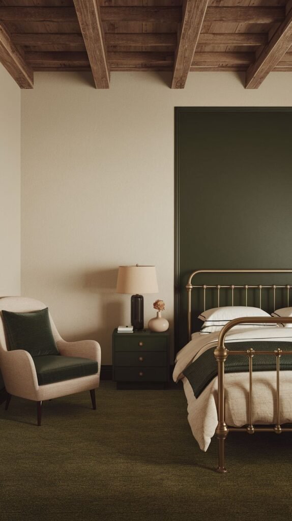 A Timeless and Retro bedroom featuring a classic brass bed frame, a dark green nightstand, and a cream armchair with a green velvet cushion, set against a dark green accent wall and exposed wooden ceiling beams. The carpet is also dark green.