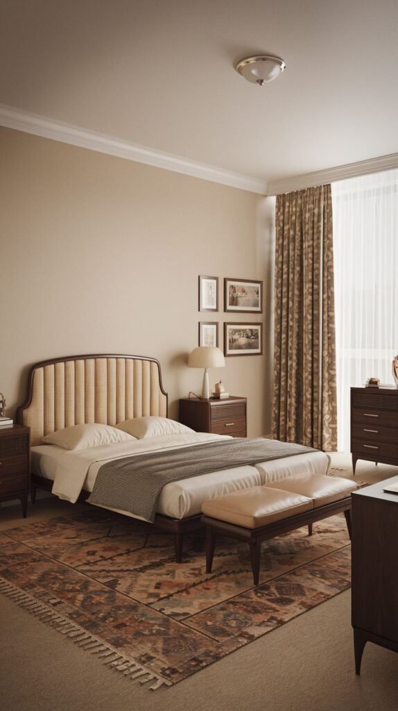 An elegant Timeless and Retro bedroom featuring a bed with a ribbed beige upholstered headboard, dark wood nightstands and a dresser, and a matching wooden bench, all set on a richly patterned rug. The walls are a warm beige.