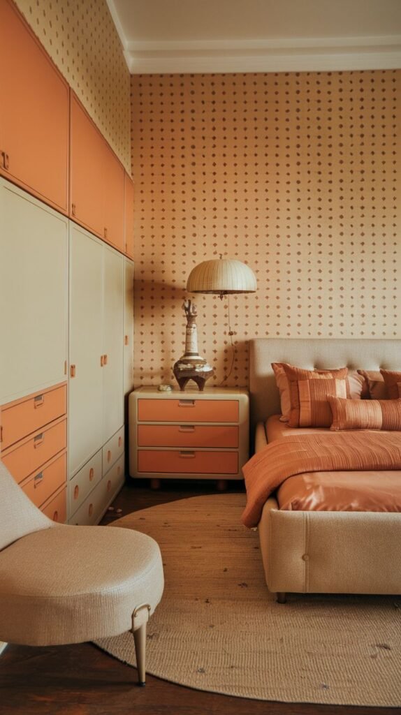 A vibrant and Retro bedroom with orange patterned wallpaper, an upholstered bed, a matching orange nightstand, and extensive light-colored wardrobes with orange drawers, creating a bold Timeless statement. The floor is wooden with a textured rug.