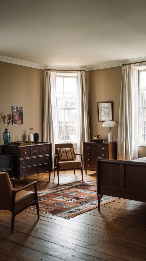 A spacious Timeless and Retro bedroom featuring two dark wood dressers, two classic leather armchairs, and a colorful patterned rug, under large windows. The room has warm beige walls and dark wood floors.