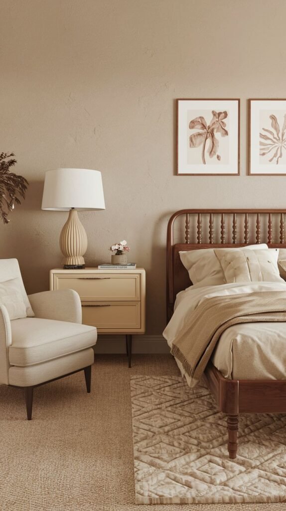 A cozy Timeless and Retro bedroom featuring a distinctive spindle-back wooden bed frame, a cream nightstand, and a matching armchair, set against warm beige walls. The floor is covered with a light carpet.