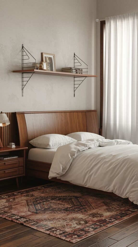 A Timeless and Retro bedroom featuring a wooden bed with a solid headboard, a dark wood nightstand, and wall-mounted shelves with minimalist brackets, all set on a subtly patterned rug. The walls are light beige, and white sheer curtains are visible.