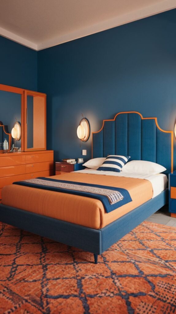 A bold and Retro bedroom with deep blue walls, featuring an orange and blue upholstered bed with a geometric headboard, a matching orange nightstand, and a large orange dresser with a mirror, creating a Timeless design. An orange patterned rug complements the color scheme.