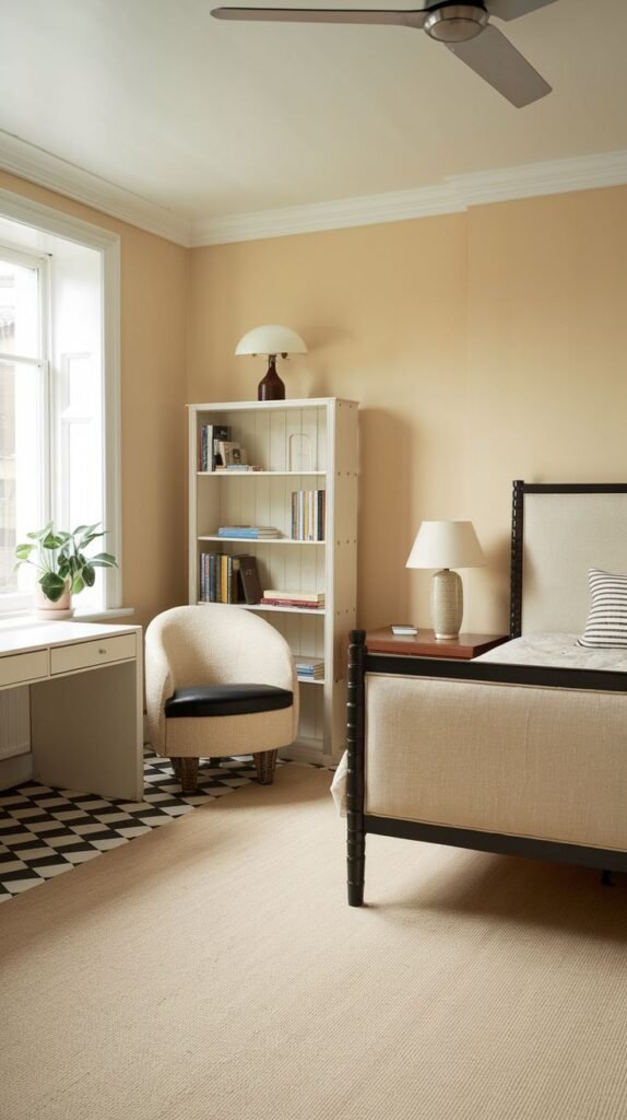 A bright and Timeless bedroom with light yellow walls, featuring a beige upholstered bed, a white bookshelf, a white desk, and a Retro desk chair, with a black and white checkered mat. A ceiling fan is also visible.