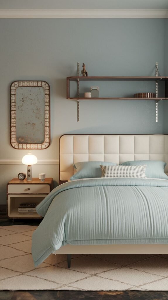 A serene Timeless and Retro bedroom with light blue walls, featuring a bed with a white upholstered headboard, a unique two-tiered nightstand, and a decorative mirror. Wall-mounted shelves add storage, and a light-colored rug covers the floor.