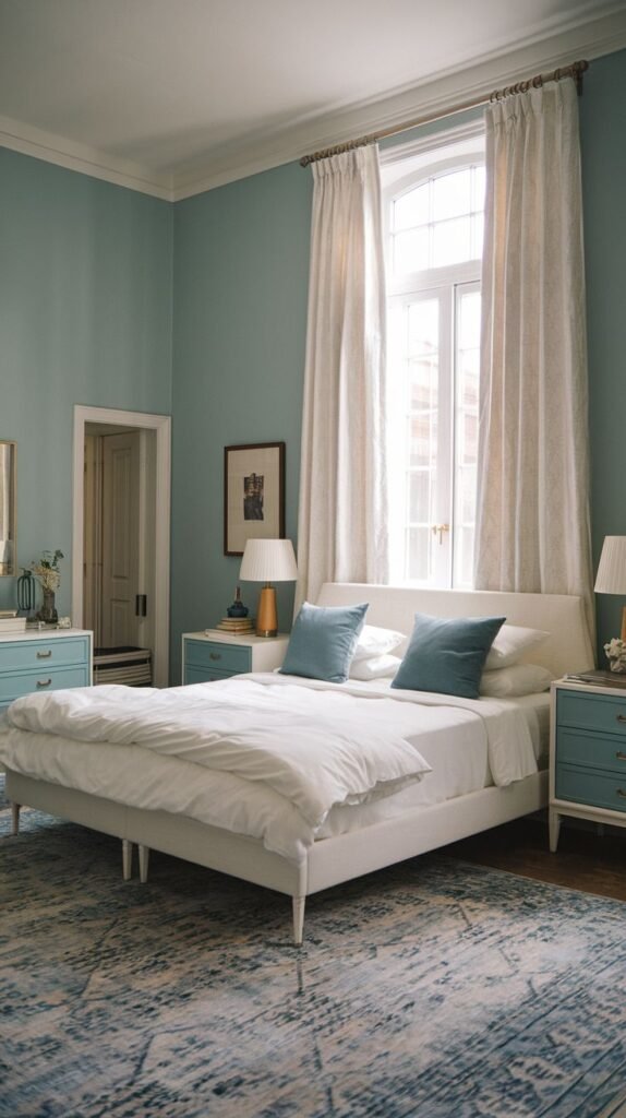 A bright and Timeless bedroom with light blue walls, featuring a white upholstered bed, two striking light blue nightstands, and a matching dresser, complemented by a distressed blue rug. White curtains frame a tall window.