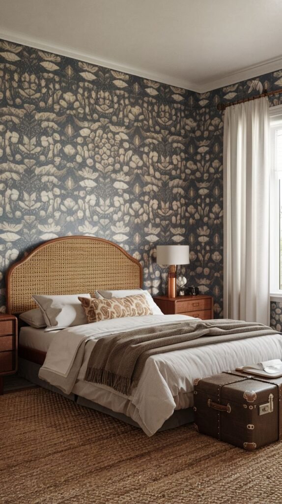 A Timeless and Retro bedroom with intricate dark blue botanical wallpaper, featuring a wooden bed with a woven cane headboard, a dark wood nightstand, and a vintage-style trunk. A woven rug covers the floor.