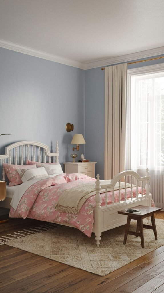 A charming Timeless and Retro bedroom with light blue walls, featuring a white wooden bed frame with a spindle headboard, delicate pink floral bedding, and a white nightstand. White curtains and a patterned rug add to the classic aesthetic.
