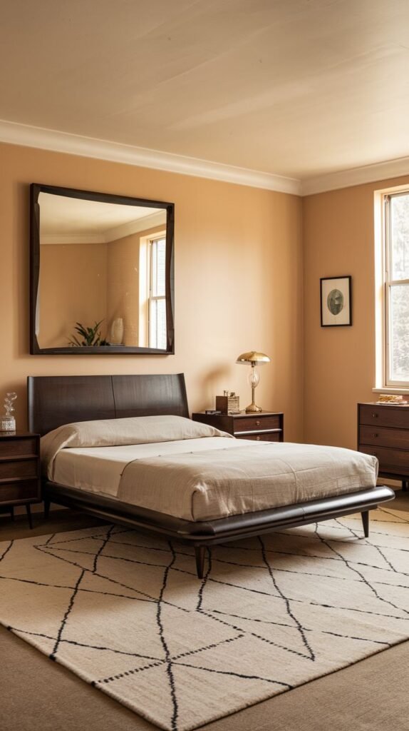A Timeless and Retro bedroom showcasing a sleek dark wood bed frame, dark wood nightstands, and a striking large framed mirror, grounded by a light rug with a bold black geometric pattern. The walls are a warm peach/beige.
