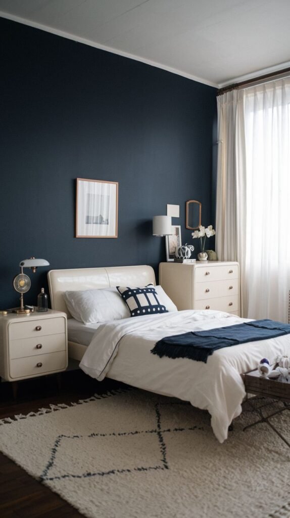 A sophisticated Timeless and Retro bedroom with a deep blue accent wall, featuring a cream upholstered bed, matching cream nightstands and dresser, and a textured rug with a blue geometric pattern. White sheer curtains soften the light from the window.