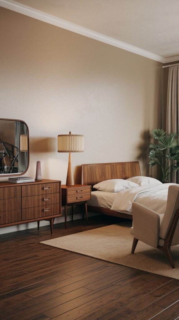 A Timeless and Retro bedroom showcasing a sleek wooden bed frame, a coordinating nightstand with a unique slatted lamp, and a dresser with a curved mirror, all contributing to a classic mid-century aesthetic. Dark wood floors and warm beige walls complete the look.