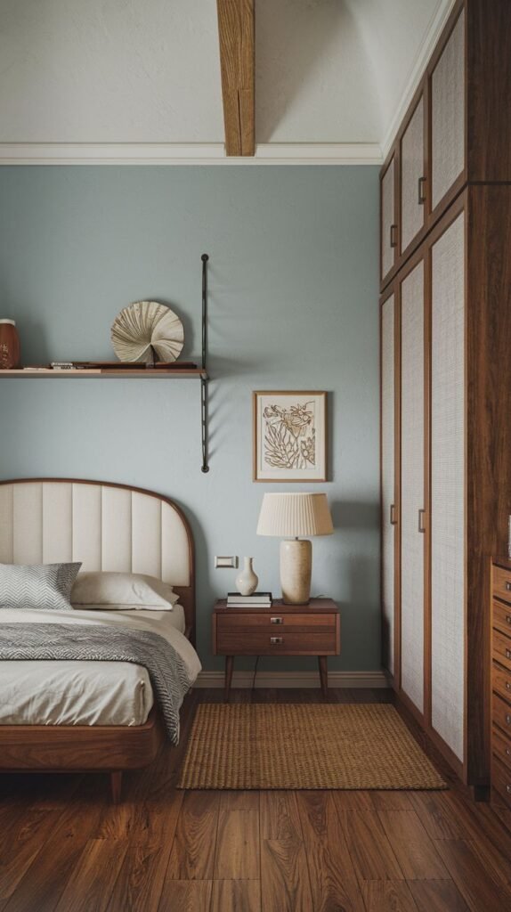 A Timeless and Retro bedroom with light blue-green walls, a white upholstered headboard, and a striking wooden wardrobe with woven panels, complemented by exposed ceiling beams. A rustic nightstand and wall shelves add functional charm.