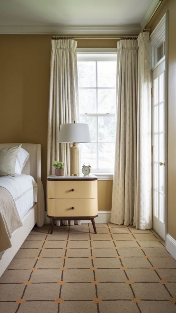 A Timeless and Retro bedroom corner with a cream-colored two-drawer nightstand next to an upholstered bed, set against warm mustard walls and a patterned carpet. White curtains frame a large window.