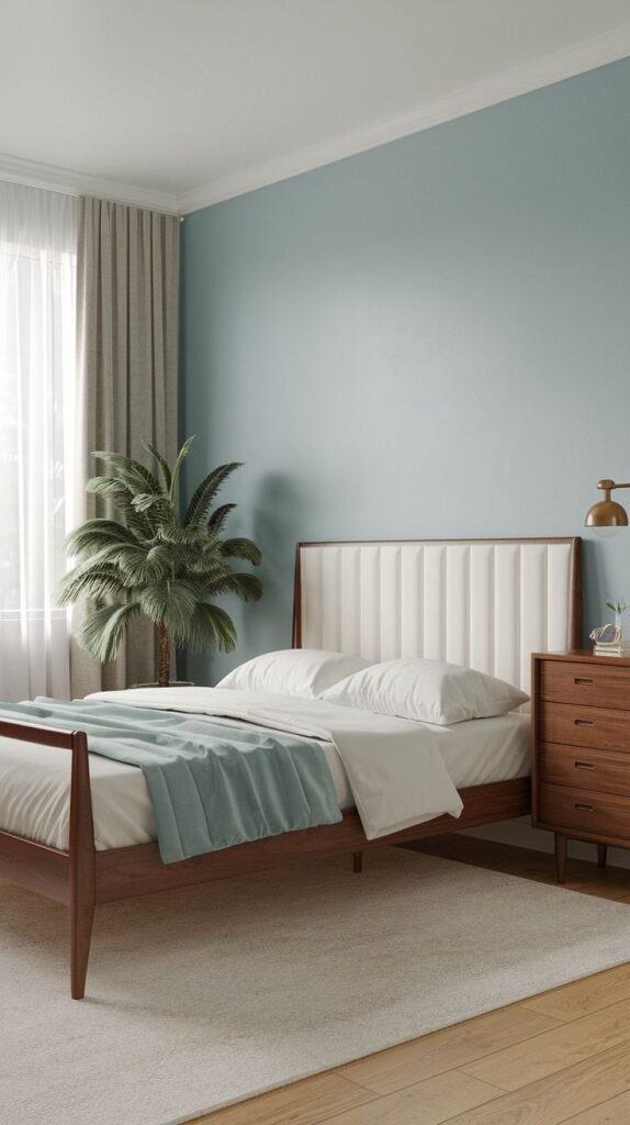 A Timeless and Retro bedroom with serene light blue walls, a bed featuring a white vertically upholstered headboard, and a dark wood dresser, enhanced by a large indoor plant. Light wood floors and a light rug complete the peaceful ambiance.