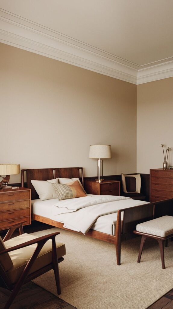 A spacious Timeless and Retro bedroom filled with dark wood furniture, including a bed, multiple nightstands, two armchairs, and a bench, all set on a light beige rug. The room has warm beige walls and classic decorative lamps.