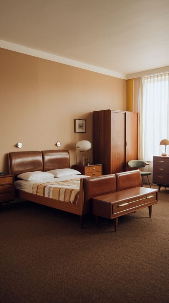 A Timeless and Retro bedroom featuring a wooden bed with a leather headboard, matching nightstands, a wooden wardrobe, and a leather-upholstered bench, all contributing to a mid-century feel. The room has warm beige walls with a yellow accent and a brown carpet.