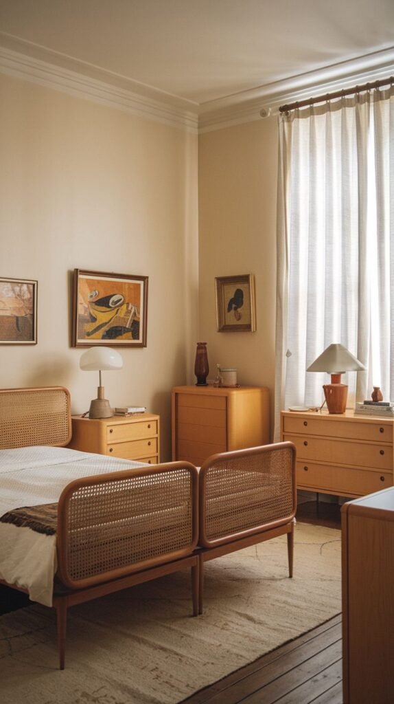 A bright Timeless and Retro bedroom featuring a unique wooden bed with woven cane headboard and footboard, complemented by multiple light wood dressers and nightstands. The room has light beige walls, wooden floors, and sheer white curtains.
