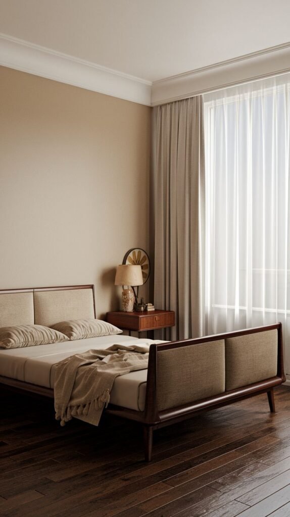 A Timeless and Retro bedroom featuring a sleek dark wood bed frame with upholstered beige panels on the headboard and footboard, and a matching dark wood nightstand. The room has warm beige walls, dark wood floors, and soft curtains.