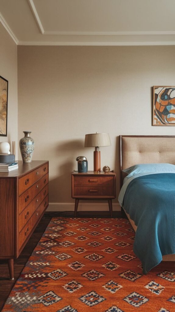 A Timeless and Retro bedroom featuring an upholstered bed with a light brown headboard, a dark wood nightstand, a dark wood dresser, and a vibrant orange-red patterned rug that adds a pop of color. The walls are warm beige.