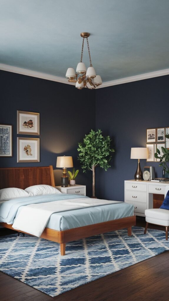 Retro bedroom with navy walls, mid-century wooden bed, white nightstands, blue-and-white patterned rug, chandelier, and indoor plant.