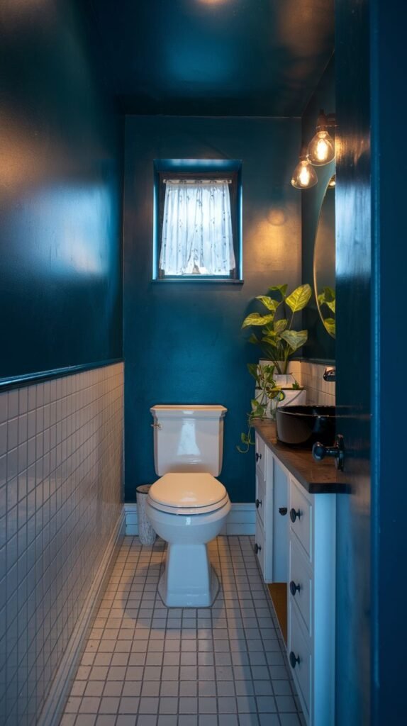 A tiny, moody bathroom with deep blue walls, white subway tiles on the lower half, and a white tiled floor. It features a toilet, a dark round sink basin on a wooden countertop with a white vanity, and a window with a sheer curtain.
