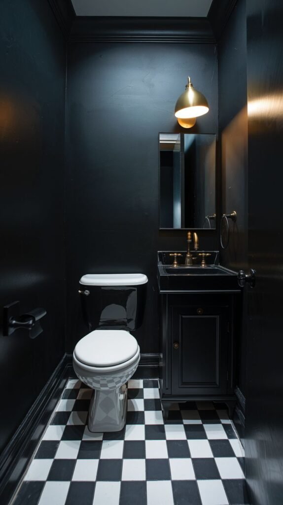 A tiny, moody bathroom with black walls and ceiling, a black and white checkered floor, a white toilet with a black lid, and a black vanity with a black sink. A gold-toned wall sconce illuminates the space.
