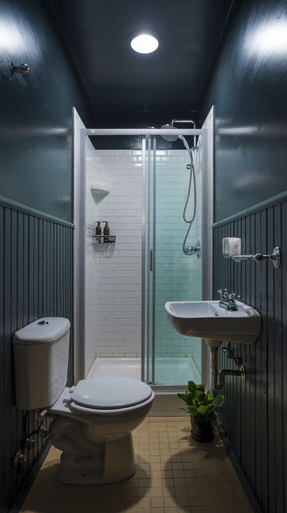 A tiny, moody bathroom with dark green-blue upper walls and vertical gray paneling on the lower half. It features a light yellow tiled floor, a white toilet, a small white wall-mounted sink, and a glass-enclosed shower stall.
