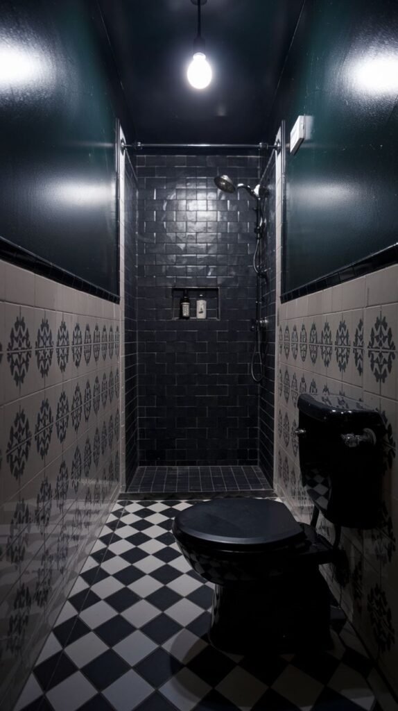 A tiny, moody bathroom with dark green-blue upper walls, black and white patterned tiles on the lower walls, and a black and white checkered floor. It highlights a black tiled shower stall and a black toilet.