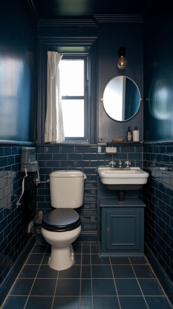 A tiny, moody bathroom with deep blue walls and ceiling, blue subway tiles on the lower half, and a blue tiled floor. It includes a white toilet with a dark seat, a white sink on a dark blue vanity, and a window with a white curtain.