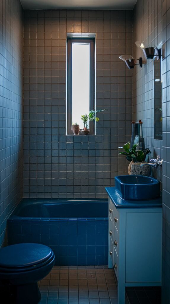 A tiny, moody bathroom with gray-blue tiled walls and floor, a blue bathtub, and a blue sink basin on a white vanity. A blue toilet is also present, along with a tall, narrow window.