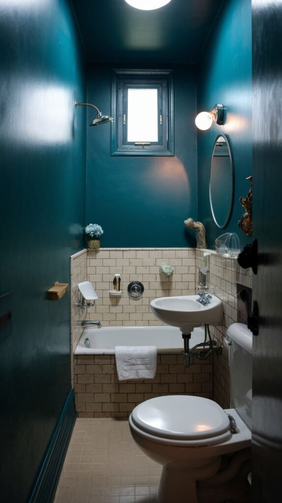 A tiny, moody bathroom with deep teal walls and ceiling, beige subway tiles around a bathtub, a small white sink, and a white toilet. A window is visible above the bathtub.