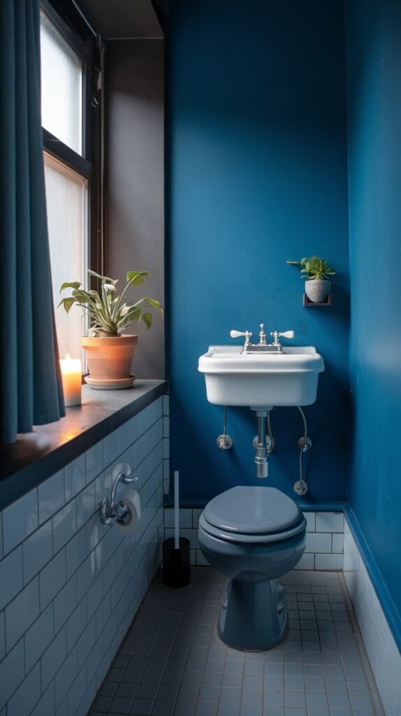 A tiny, moody bathroom with deep blue walls and white subway tiles on the lower wall near the window. It features a gray toilet, a white wall-mounted sink, a window with a dark blue curtain, and a dark tiled floor.
