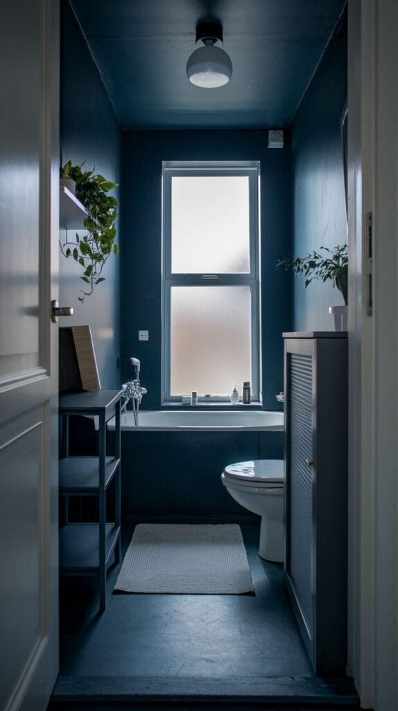 A tiny, moody bathroom with deep blue walls and floor. It contains a white toilet, a bathtub beneath a frosted window, a tall dark gray shelf, and a white bath mat.