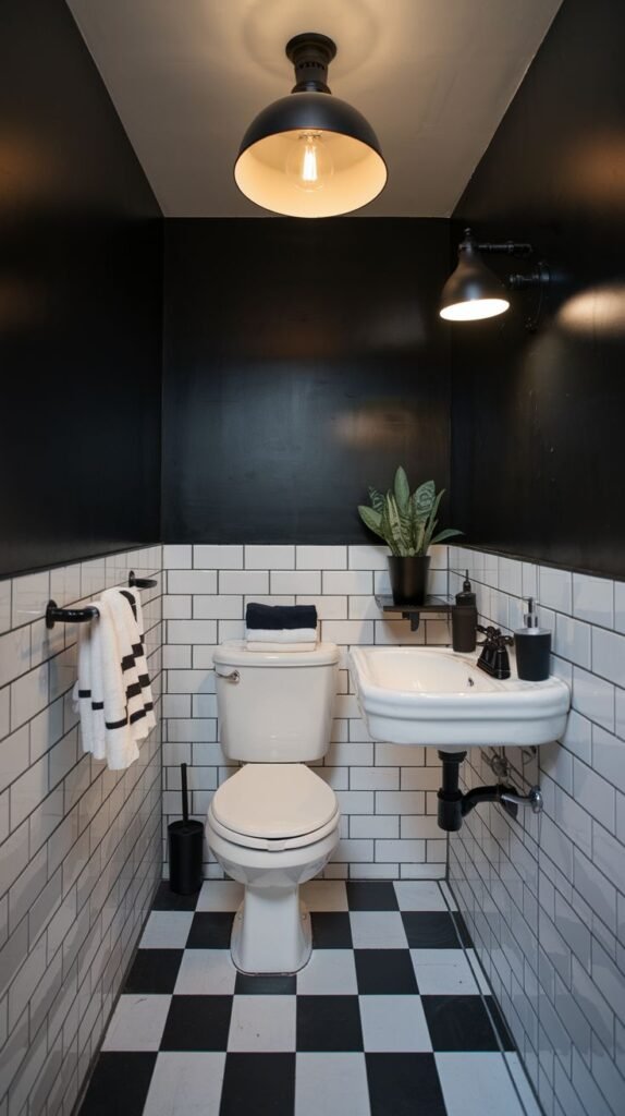 A tiny, moody bathroom with black upper walls and white subway tiles on the lower half. It features a white toilet, a white wall-mounted sink, a black and white checkered floor, and dark light fixtures.