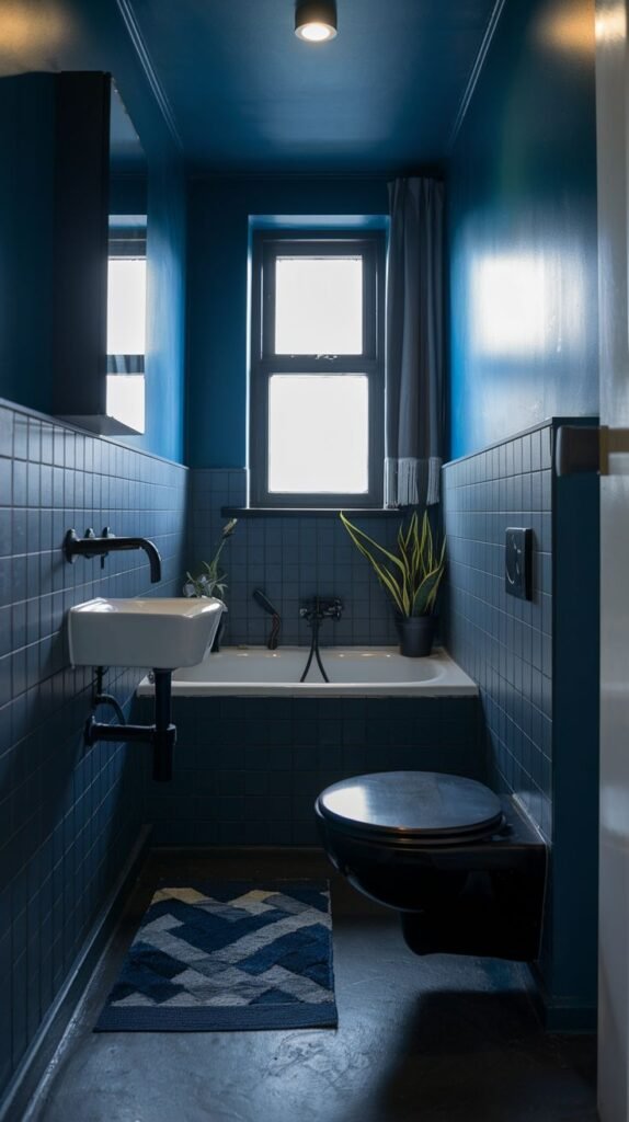 A tiny, moody bathroom with dark blue tiled walls, a deep blue bathtub, and a dark floor. It features a black wall-mounted toilet, a small white wall-mounted sink, a window, and a patterned blue bath mat.