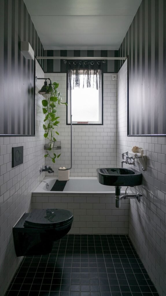 A tiny, moody bathroom featuring black and white striped wallpaper on the upper walls, white subway tiles, a black tiled floor, a wall-mounted black toilet, a black sink, and a bathtub with a shower.
