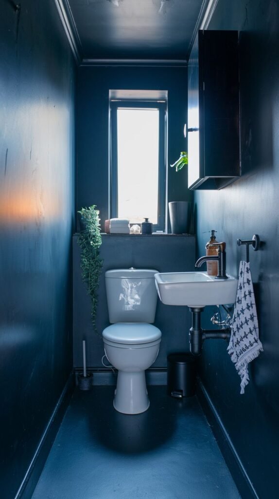 A tiny, moody bathroom with dark blue walls and floor, a white toilet, and a small white wall-mounted sink. The space includes a window, a black medicine cabinet, and a hanging plant.