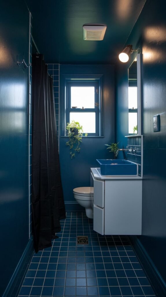 A tiny, moody bathroom with deep blue walls and ceiling, a dark blue tiled floor, a white toilet, and a white vanity with a rectangular blue sink. A black shower curtain and a window with a plant are visible.