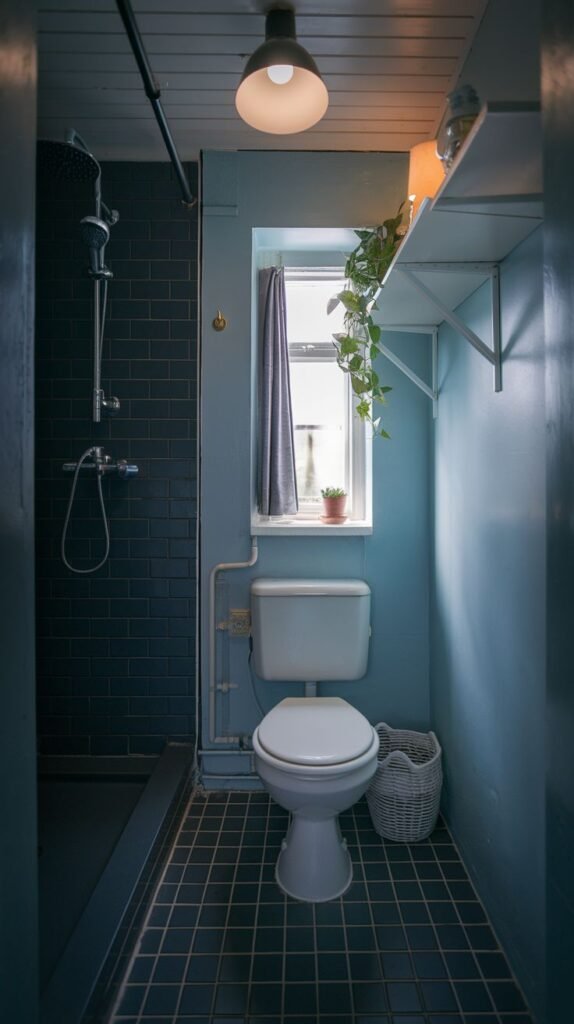 A tiny, moody bathroom with light blue upper walls, a dark tiled shower stall, and a dark tiled floor. It features a white toilet, a window, and a white shelf adorned with plants and candles.