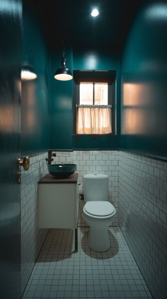 A tiny, moody bathroom with deep teal upper walls and white subway tiles on the lower half. It contains a white toilet, a dark green glass sink basin on a white vanity with a wooden top, and a window with a light-colored curtain.