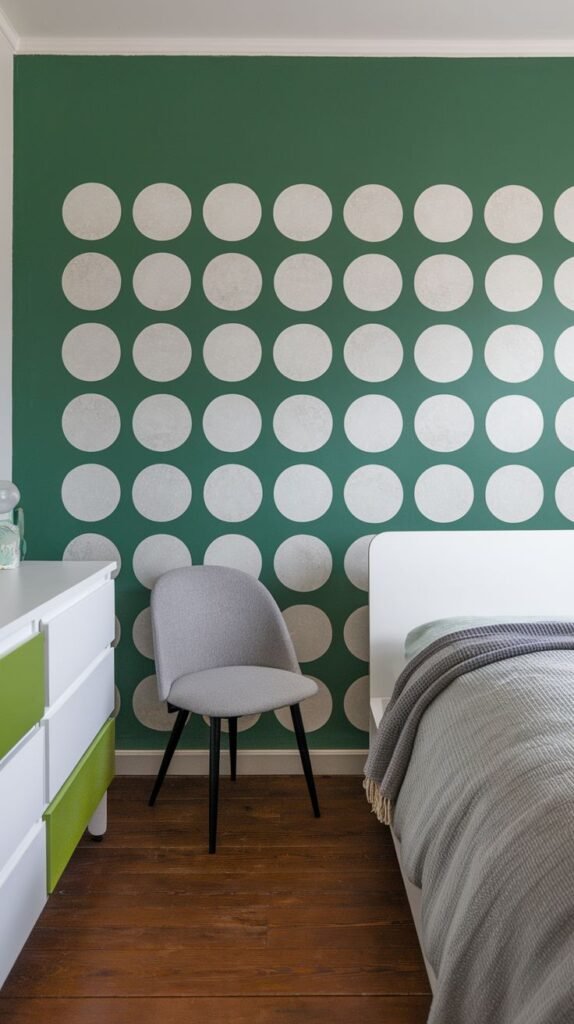 A warm green accent wall in a bedroom features a grid of white polka dots, creating a playful yet structured backdrop for a white bed and a grey chair.