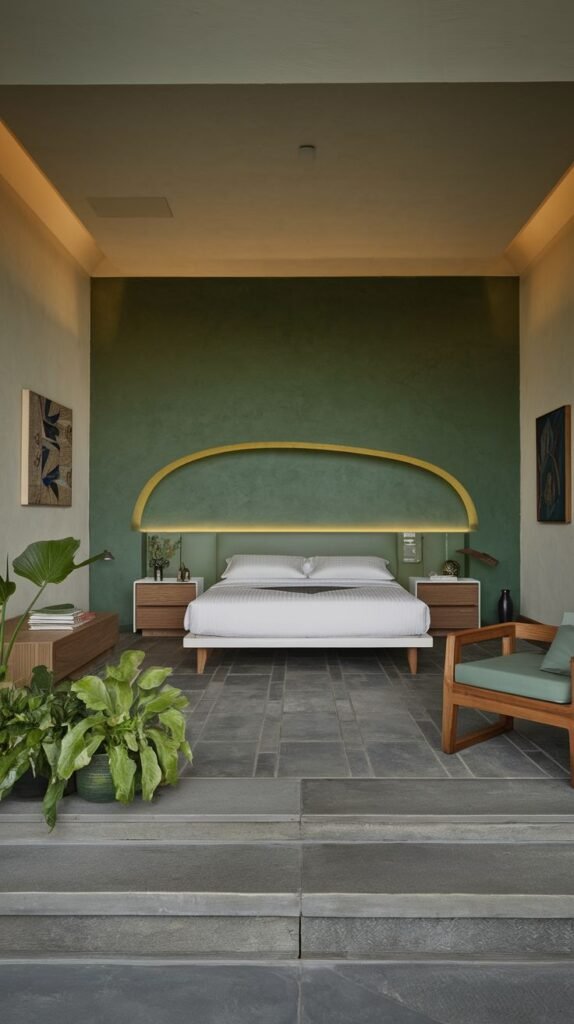 A striking green accent wall in this warm bedroom is highlighted by a golden arch feature and ambient lighting, framing a minimalist white bed.