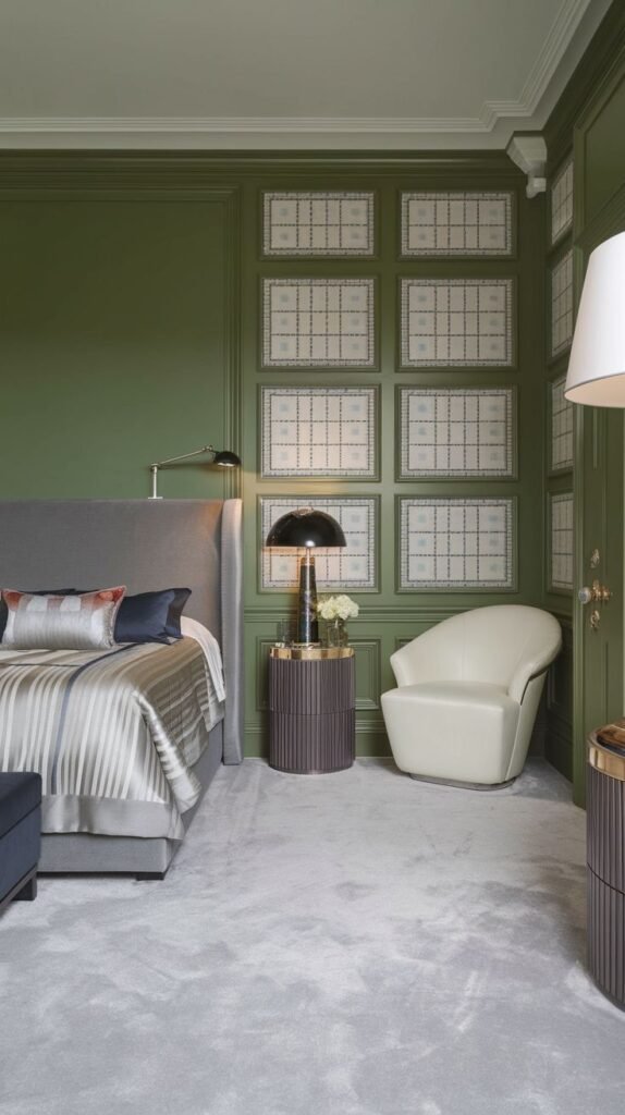 A paneled green accent wall in a bedroom incorporates inset patterned panels, adding intricate detail and sophistication to the elegant space with a grey upholstered bed.