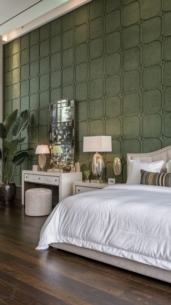 A dark green accent wall in a bedroom features a repeated square grid pattern with rounded corners, creating a unique textural backdrop for a luxurious setting with a dressing table.