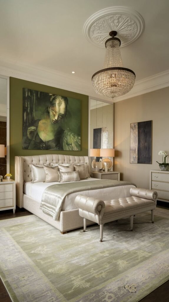 An olive green accent wall provides a sophisticated backdrop for a large classic painting in this luxurious warm bedroom, which includes a plush bed and an elaborate chandelier.