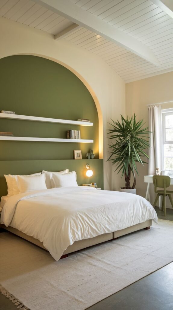 A warm green accent wall within an archway in this bedroom features floating shelves for display, providing a calming and functional space beside a large plant and a white bed.